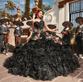 Черни рокли Charro Quinceanera Бална рокля С аппликацией от Органза с формата на сърце, перли, Буйна Мексико сладост, 16 рокли, 15 Anos