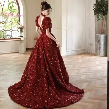 SSYFashion Елегантна вечерна рокля с пайети вино-червено за жени, яка-часова, буйни ръкави, А-силует, пенливи вечерна рокля за парти Vestido