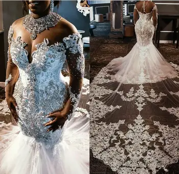 Сватбени рокли големи размери, Кристали, Кристали, дантела, бродирани с мъниста, Придворен струята с дълъг ръкав, южна африка Русалка Vestido