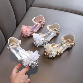 Пролетно-летни обувки за момичета на равна подметка, Скъпа Елегантна Детска Танцова кожени обувки на принцесата, Модни детски сватбени сандали с пайети
