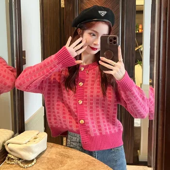 Розово кариран пуловер женски есен-зима 2023, нова корейска версия, женски вязаный жилетка 